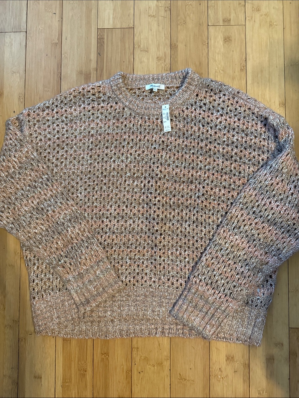 Madewell New XL Pink and tan Heather Open-Knit Crewneck Sweater